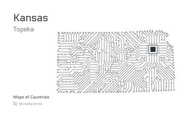 Kansas Map with a capital of Topeka Shown in a Microchip Pattern. E-government. United States vector maps. Microchip Series