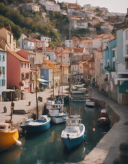 A charming coastal village with colorful buildings, narrow cobblestone streets, and a small fishing 
