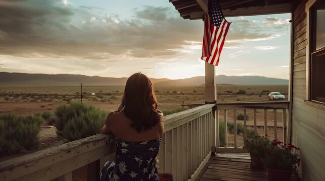 county woman bumpkin girl looked so sad day dreaming in the front of the house in USA independence day  with american flag in the morning with desert scenery