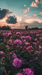 Pink roses bloom under a sunset sky