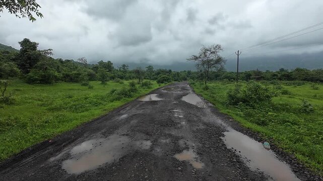 Rural Dirt Road with Puddles in Lush Green Countryside