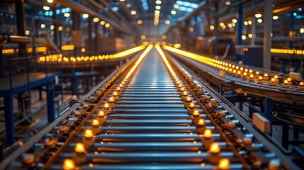 Conveyor Belt Moving Glass Bottles Through Industrial Factory