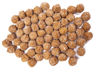 Frozen meatballs, top down view isolated on white background