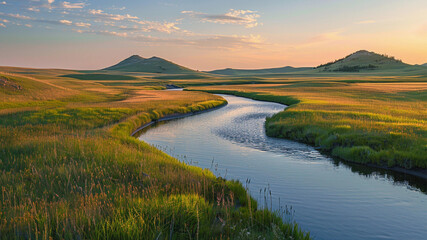 Obraz premium Serene Landscape with Winding River and Rolling Hills, Generative AI illustration