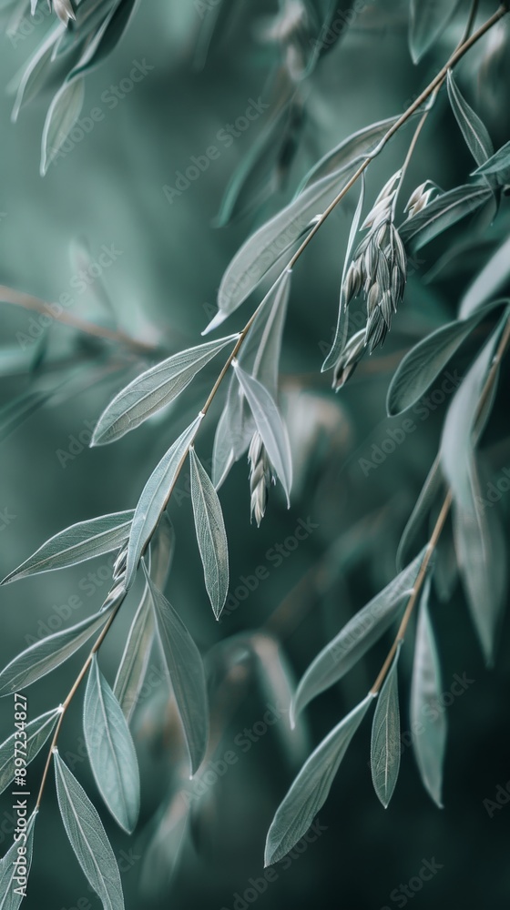 Poster closeup view of leaves on a branch with a blurred background