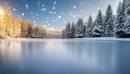 Fototapeta premium A serene winter landscape with a frozen lake surrounded by snow covered pine trees