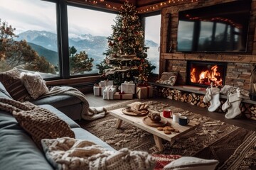 A charming mountain cabin interior, featuring a beautifully decorated Christmas tree, stockings by the fireplace, and an inviting, relaxing space with a view of snowy mountains.