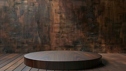 Fototapeta premium The image shows a large darken wooden display platform on a rustic wooden table.