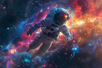 Fototapeta premium Astronaut Floating in Space Surrounded by Stars, Highlight a space suited astronaut against a backdrop of distant galaxies and bright stars, AI Generated