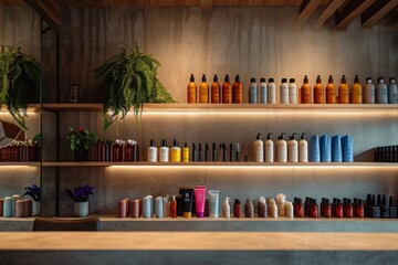 A collection of various types of bottles neatly organized and displayed on a shelf, High-end hair styling products displayed in a minimalistic salon interior, AI Generated