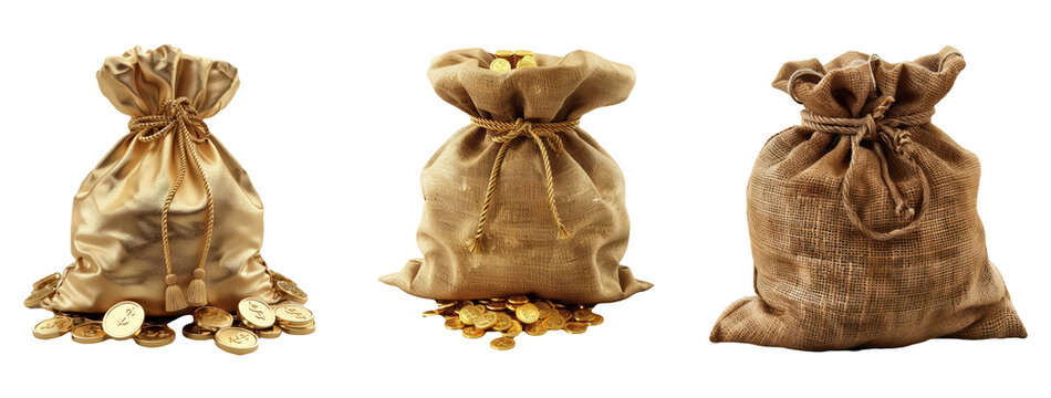 Burlap Sacks Filled With Gold Coins Isolated On Transparent Background