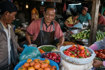 Obraz premium A dedicated vendor in an apron handles fresh vegetables at his market stall, showcasing a colorful array of produce, emphasizing local trade and agricultural richness.
