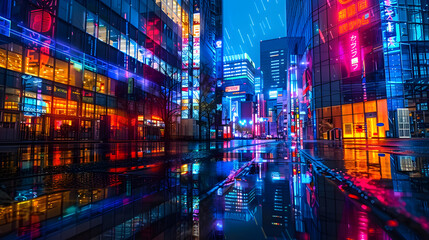 Vibrant neon lights on modern cityscape buildings at night.