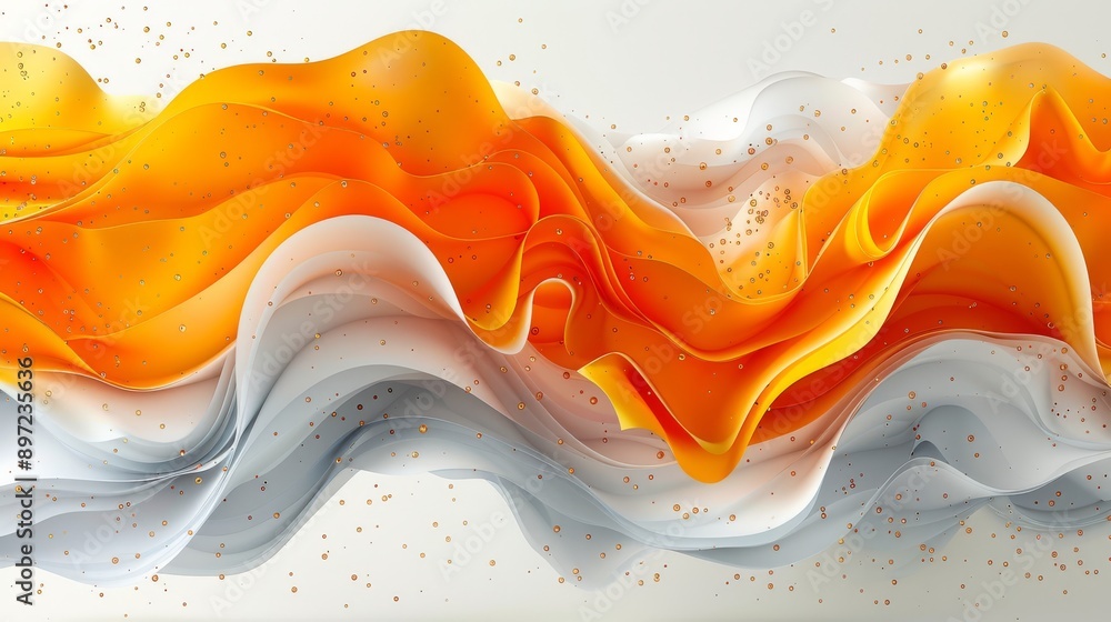 Poster artwork with abstract orange and white waves captures dynamic movement and visually striking composi