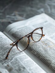 Eyeglasses are resting on an open book with a simple, minimalist background. Generative AI