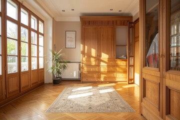 Interior of a modern living room with wooden doors and a carpet