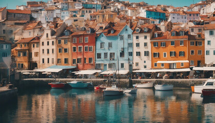 Fototapeta premium A charming coastal village with colorful buildings, narrow cobblestone streets, and a small fishing 