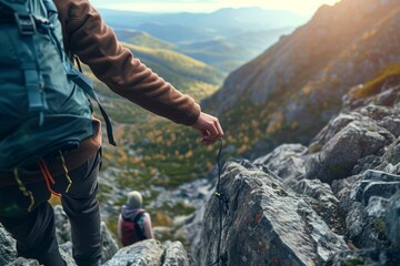 A person wearing a backpack is seen climbing up a rugged mountain, demonstrating determination and resilience, Hiker lending a hand to a fellow climber on a rocky terrain, AI Generated