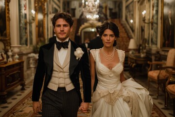 Fototapeta premium A couple dressed in vintage-style clothing walking hand in hand indoors, with the woman in an ornate white gown and the man in a black suit with luxurious interiors visible.