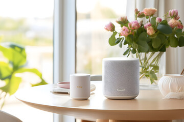 Modern speaker on table in room, closeup. Space for text