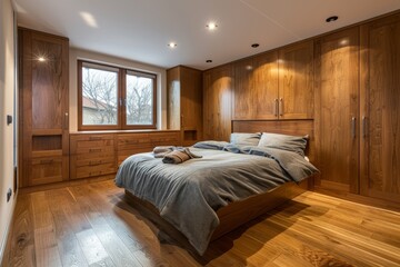 Luxury bedroom with wooden walls, hardwood floor and large window. Northwest, USA