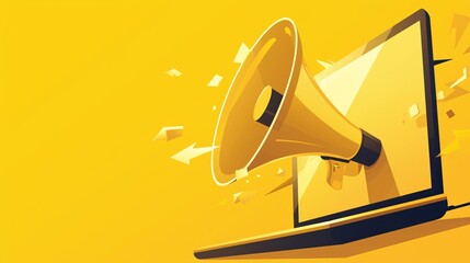 Megaphone coming out of laptop screen on yellow background. Vector illustration.