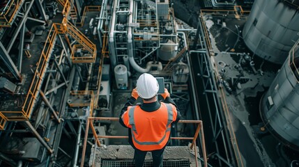 Fototapeta premium Engineer using a tablet to monitor operations in an industrial plant. Technology and supervision in industrial engineering.
