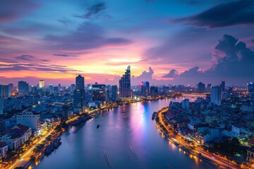 This photo depicts a city and a river at night, showcasing the vibrant lights and bustling activity, Ho Chi Minh City's vibrant skyline at dusk, AI Generated