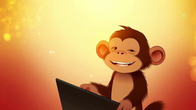 A monkey is sitting on a laptop and smiling. Concept of playfulness and lightheartedness