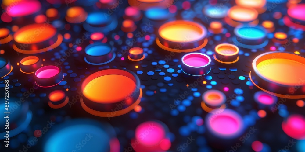 Poster abstract design with glowing circles and vibrant colors in a dynamic pattern, portraying modern visu