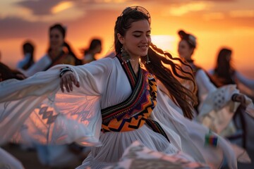 A woman, adorned in a traditional white dress, gracefully dances with a group at sunset, exuding joy and elegance in a celebratory and culturally rich environment.