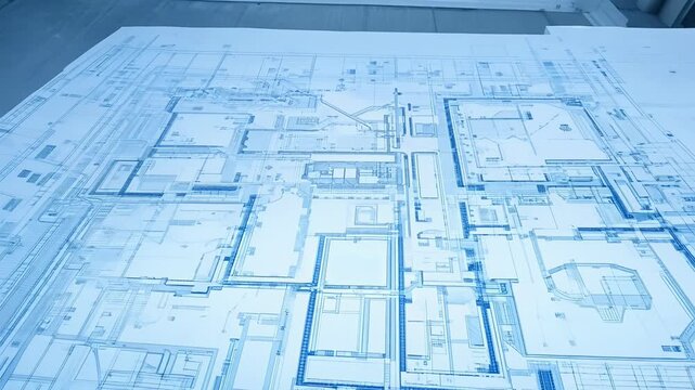 A blue drawing of a city with buildings and a street. The drawing is on a white background
