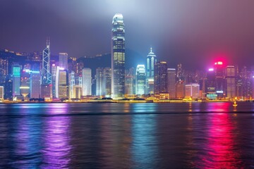 Fototapeta premium Majestic City Skyline With Towering Buildings, Hong Kong's skyline dazzling with illuminated skyscrapers, AI Generated