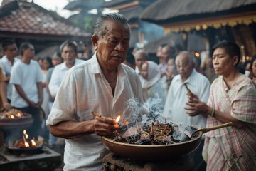 An older man, surrounded by people, lights incense during a traditional ceremonial gathering, capturing a moment of spirituality, heritage, and communal reverence.