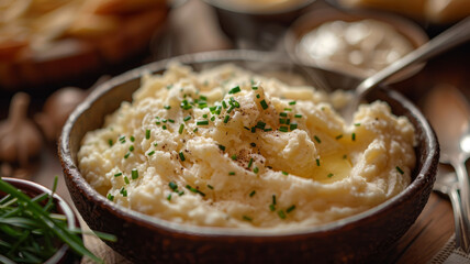 Creamy mashed potatoes garnished with chives in a rustic bowl.