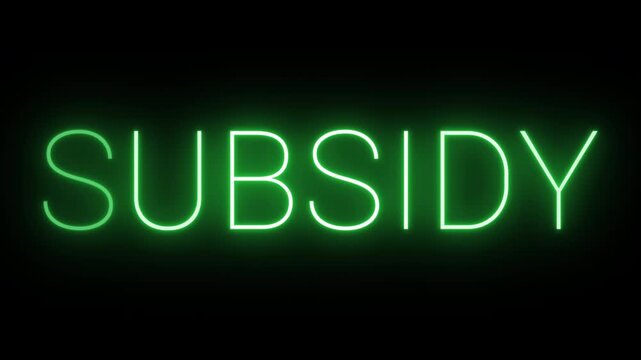 Flickering neon green subsidy sign animated black background.