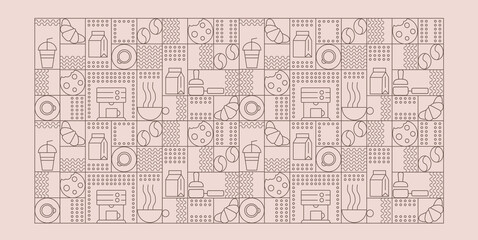 Hand drawn illustration of Bakery and Coffee. Icons. Abstract geometric line background. Gold luxury. Pattern for cover design, food package, menu, background, café wall, coffee shop, web banner