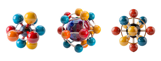 Set of Molecular Models Representing Different Molecules Isolated on Transparent Background