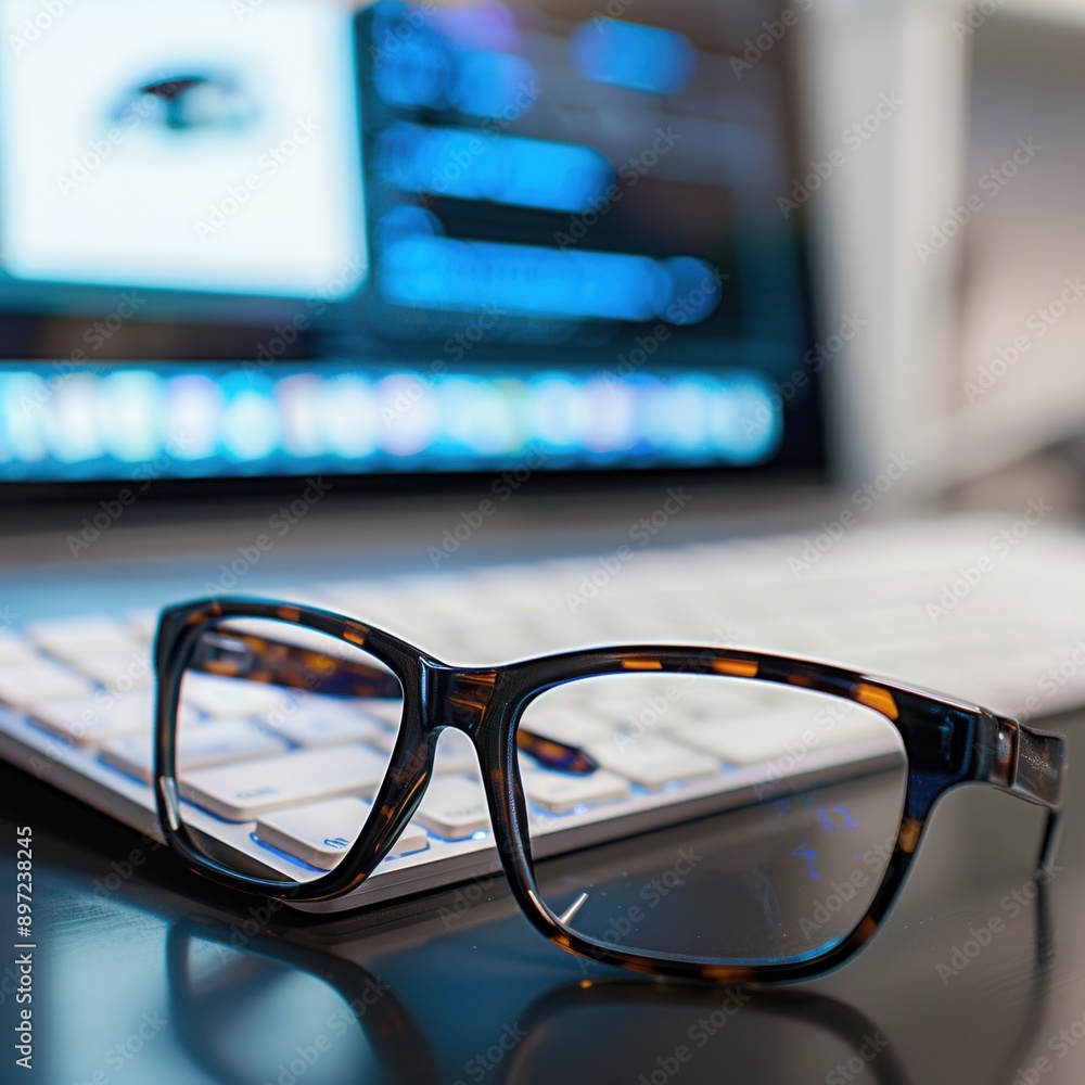 Aufkleber a pair of eyeglasses rest on a computer keyboard in front of a blurred computer screen. the eyeglass