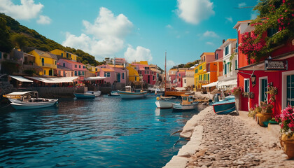 Fototapeta premium A charming coastal village with colorful buildings, narrow cobblestone streets, and a small fishing 