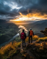 Obraz premium Hikers embrace triumph on mountain summit at sunrise, revel in adventure and liberation