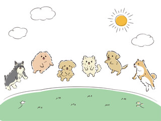 草原でジャンプする犬たちのイラストセット