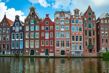 Obraz premium A photograph showing a line of buildings situated alongside a body of water, creating an urban waterfront scene, Iconic red brick buildings of Amsterdam along the canal, AI Generated
