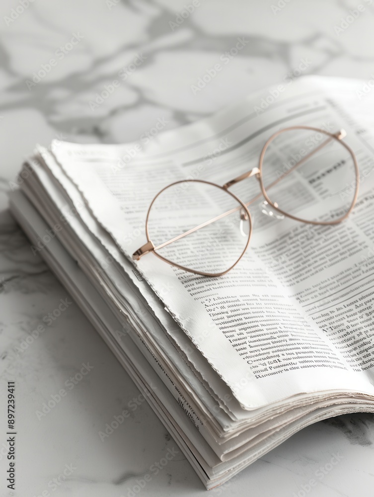 Poster Gold-rimmed eyeglasses rest on a page of an open book, set against a minimalist white background. Generative AI