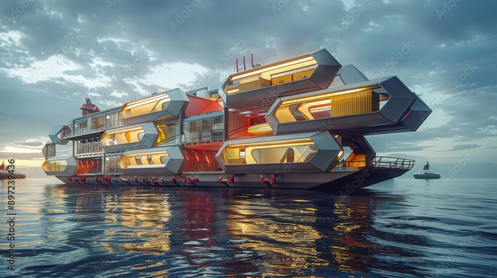 Poster showcase a cargo ship of the future with modular shipping containers that can be rearranged