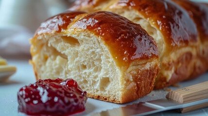 Close-up of sliced brioche bread with jam on a table.