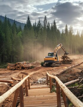 A wooden bridge leads into a clearing in a forest where a yellow excavator is working
