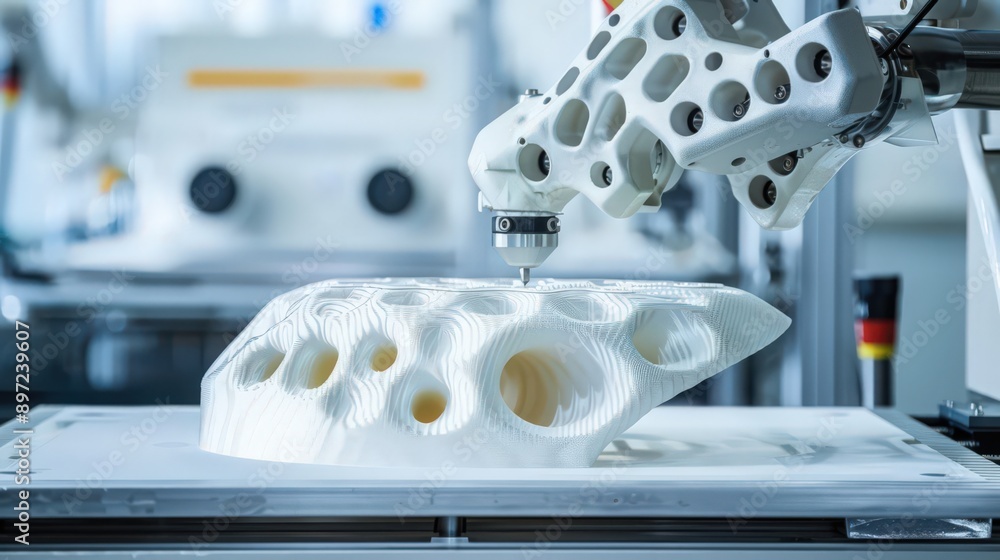 Poster showcase a factory floor where robots are engaged in 3d printing large-scale components, highlightin