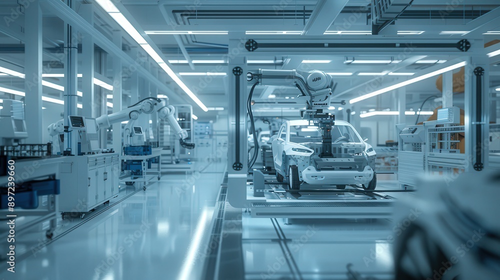 Poster showcase a factory where robots are involved in assembling and testing electric vehicle components, 
