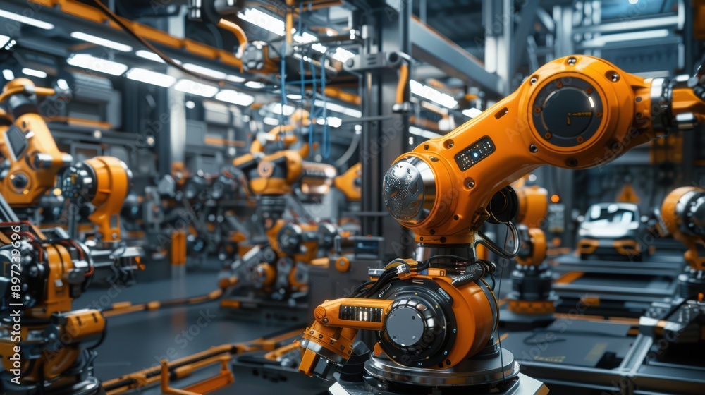 Poster showcase a factory where robots are involved in assembling and testing electric vehicle components, 